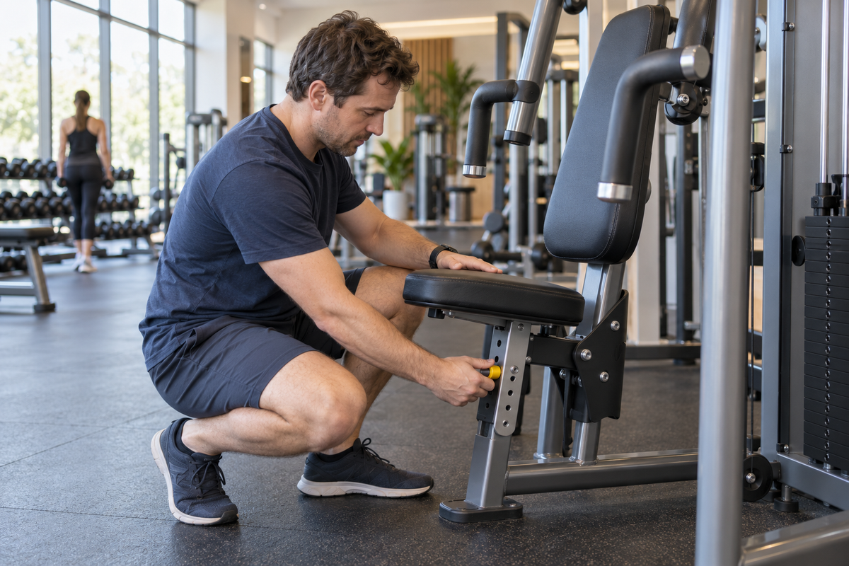 A man adjusting the seat of a chest press machine in a bright gym