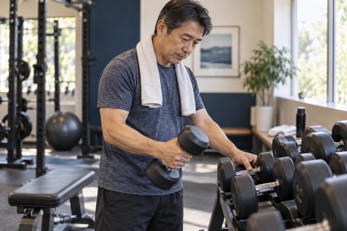 A man choosing a dumbbell from a rack in a bright gym