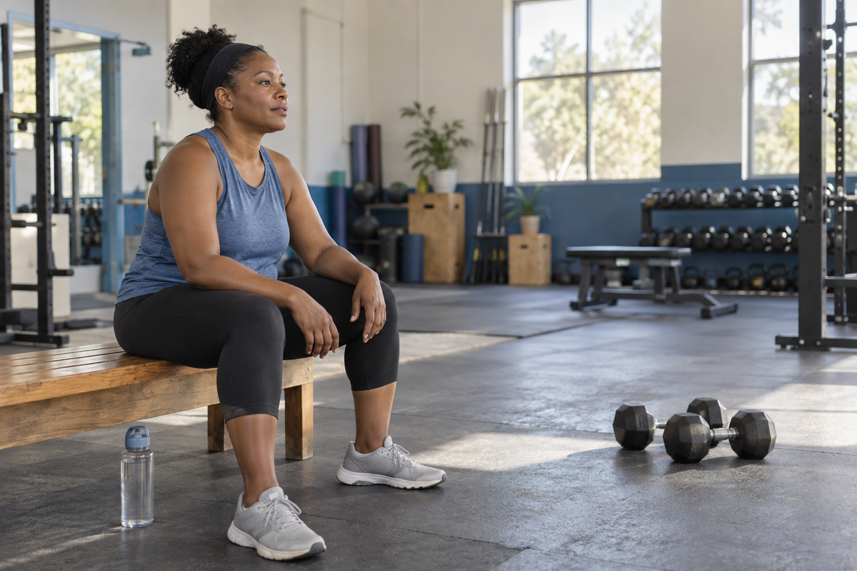 A woman resting on a bench between sets in a bright gym