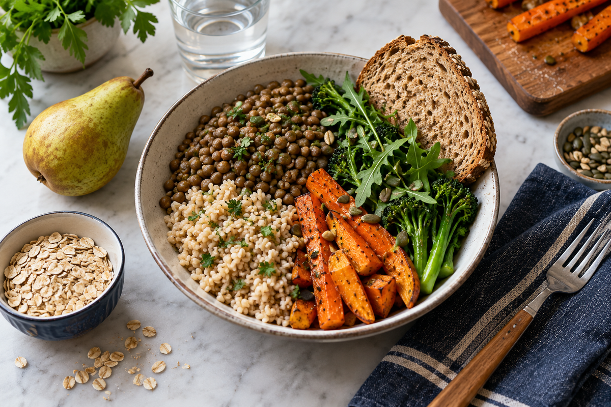 A bowl of lentils, grains and vegetables prepared for an everyday meal