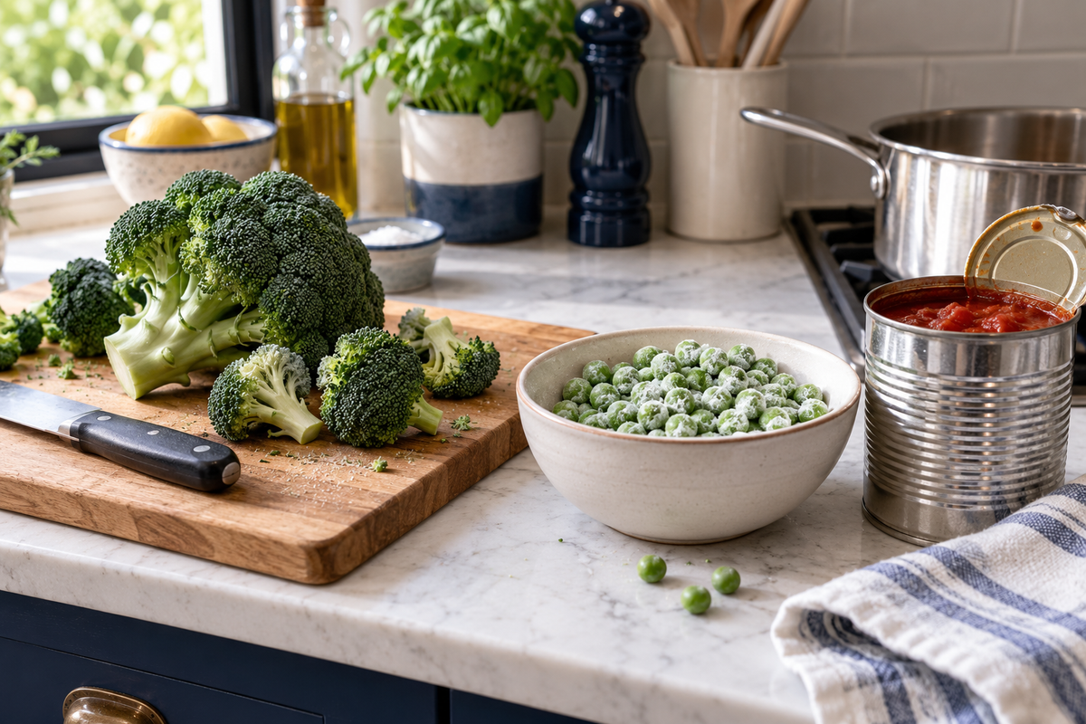 Fresh broccoli, frozen peas and canned tomatoes arranged on a kitchen worktop