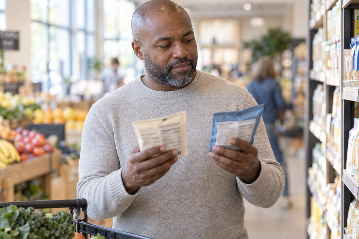 A man comparing the labels on two food packets in a grocery shop