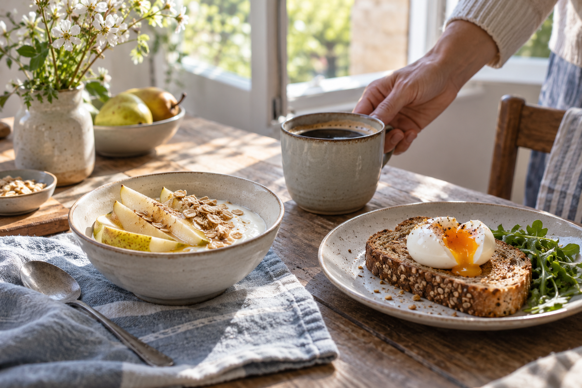 Yoghurt with oats and pear beside wholegrain toast and egg on a sunlit breakfast table
