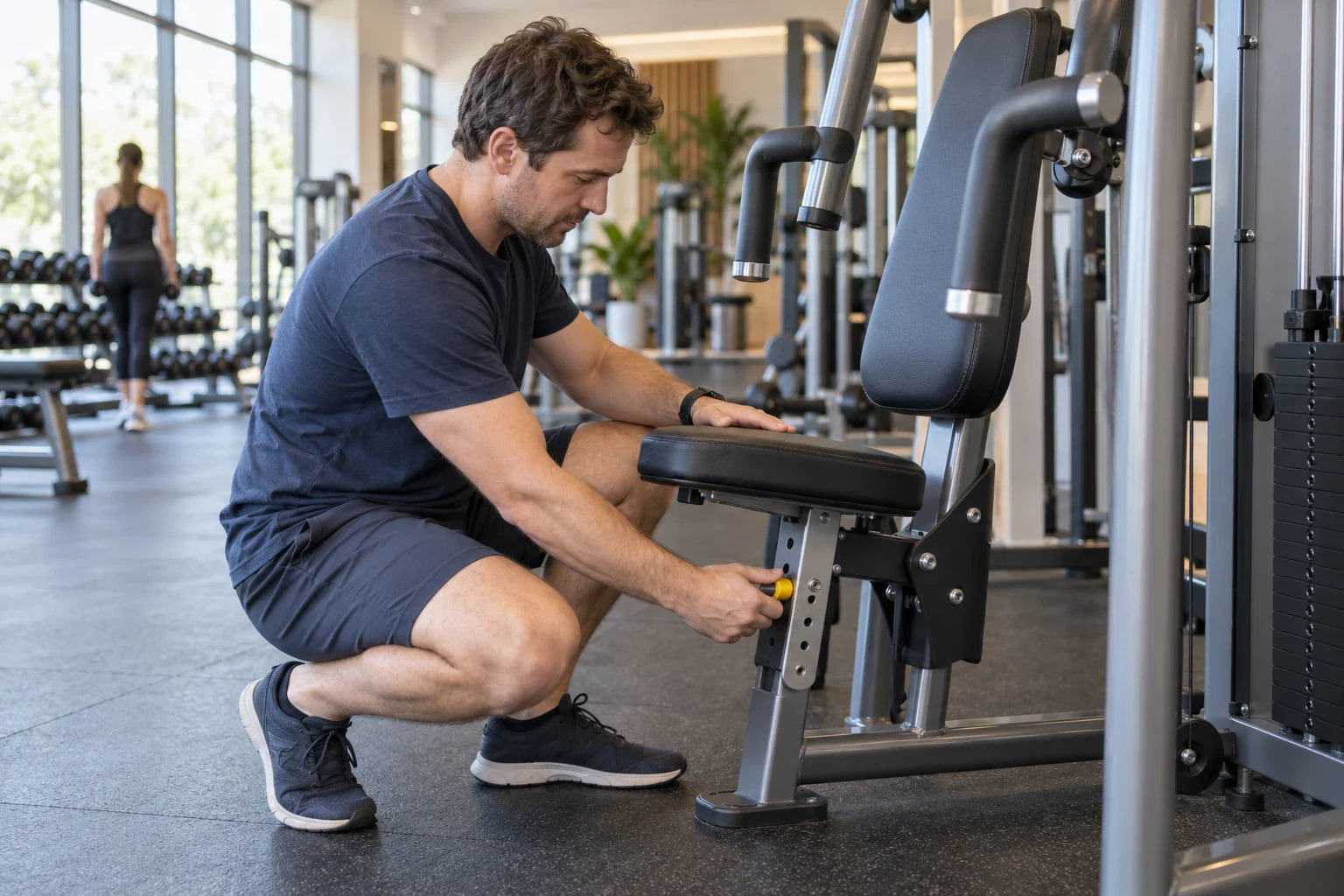 A man setting up a strength exercise in a bright gym