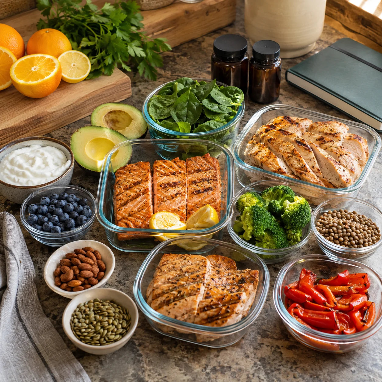 Fresh ingredients and prepared meals on a kitchen table