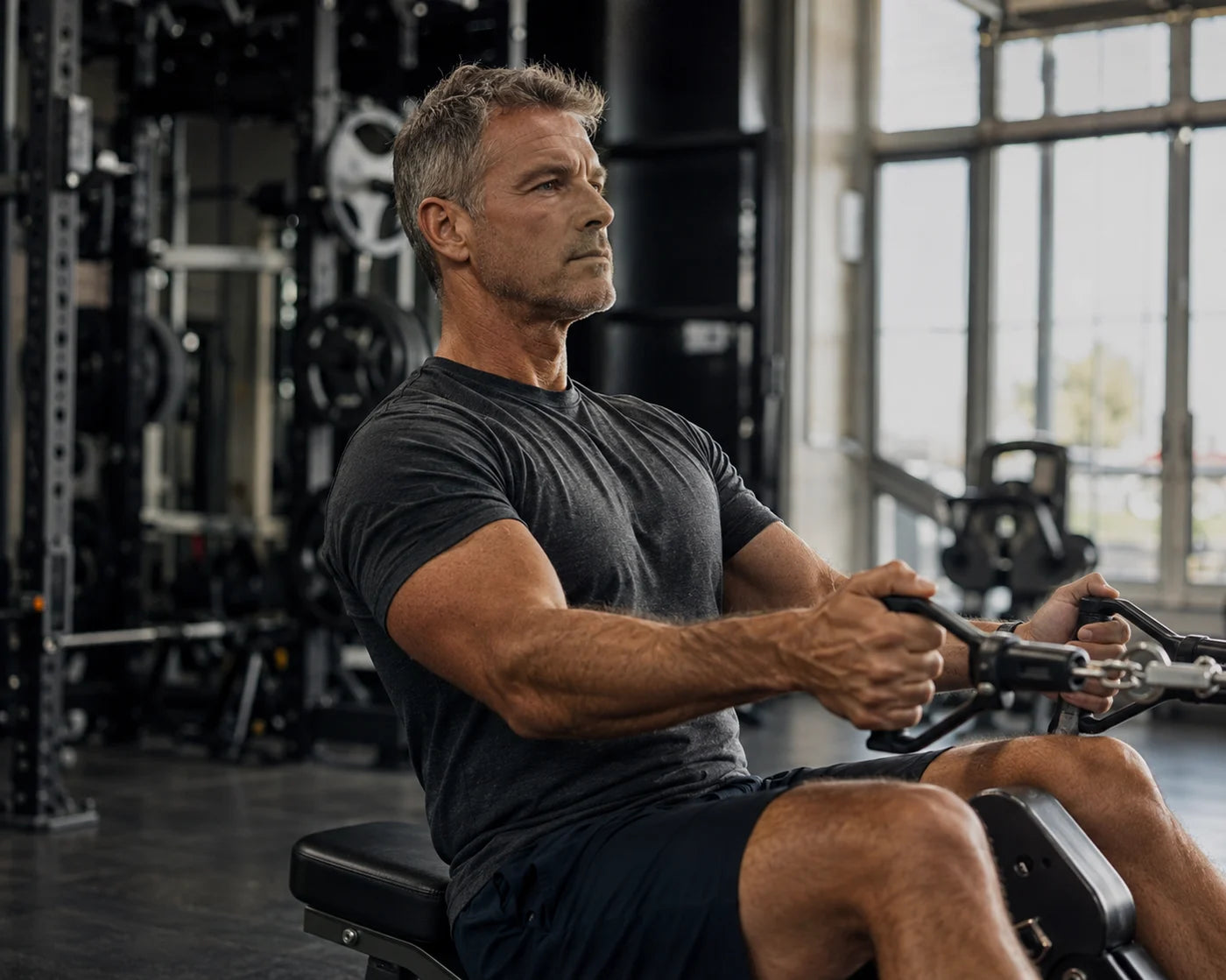 A man performing a cable row in a gym
